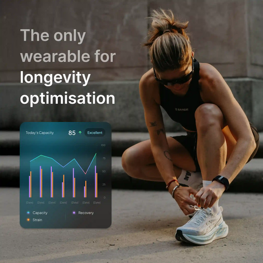 Woman tying her running shoes wearing a Hume Band; text reads the only wearable for longevity optimisation