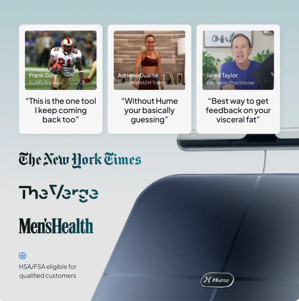 Advertisement for Hume with user testimonials and brand logos on a light blue background